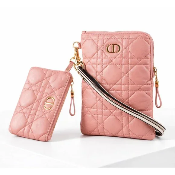 Christian Dior Cannage Caro Multifunctional Pouch Pink Leather Quilted Bag Small - Picture 1 of 12